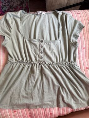 Madden Girl Sage Green Short Sleeve Henley Peplum Top
